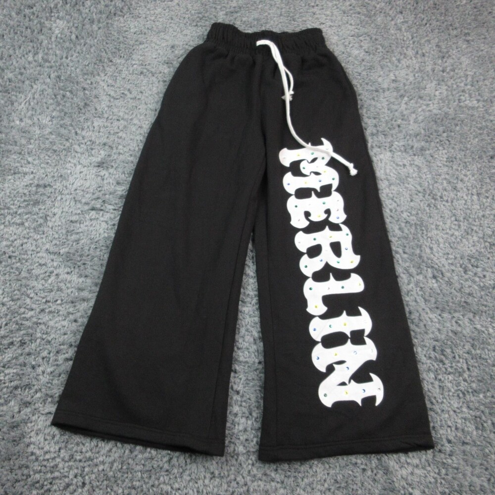 Merlin Pants Youth 7 Black Wide Leg Elastic Drawstring Rhinestone Graphic 24x28
